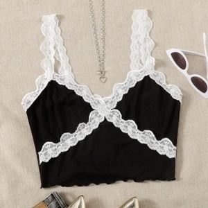 SHEIN “Contrast Lace Panel Lettuce Edge Cami Top”